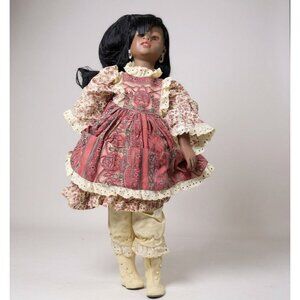 Porcelain African American Doll With Floral Dress & Lace Trim Black Hair Brown E